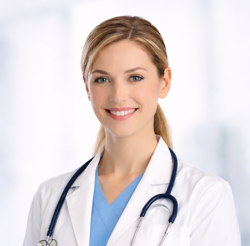 médica sonriente en ambiente clínico